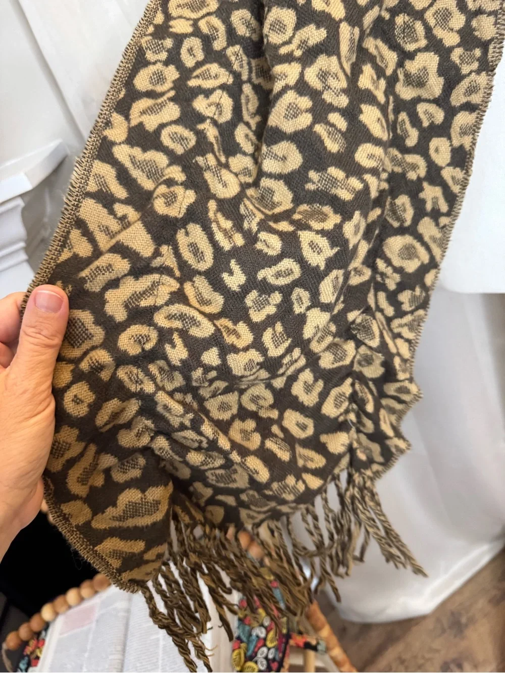 Leopard Print Fringe Knit Scarf in Black and Tan